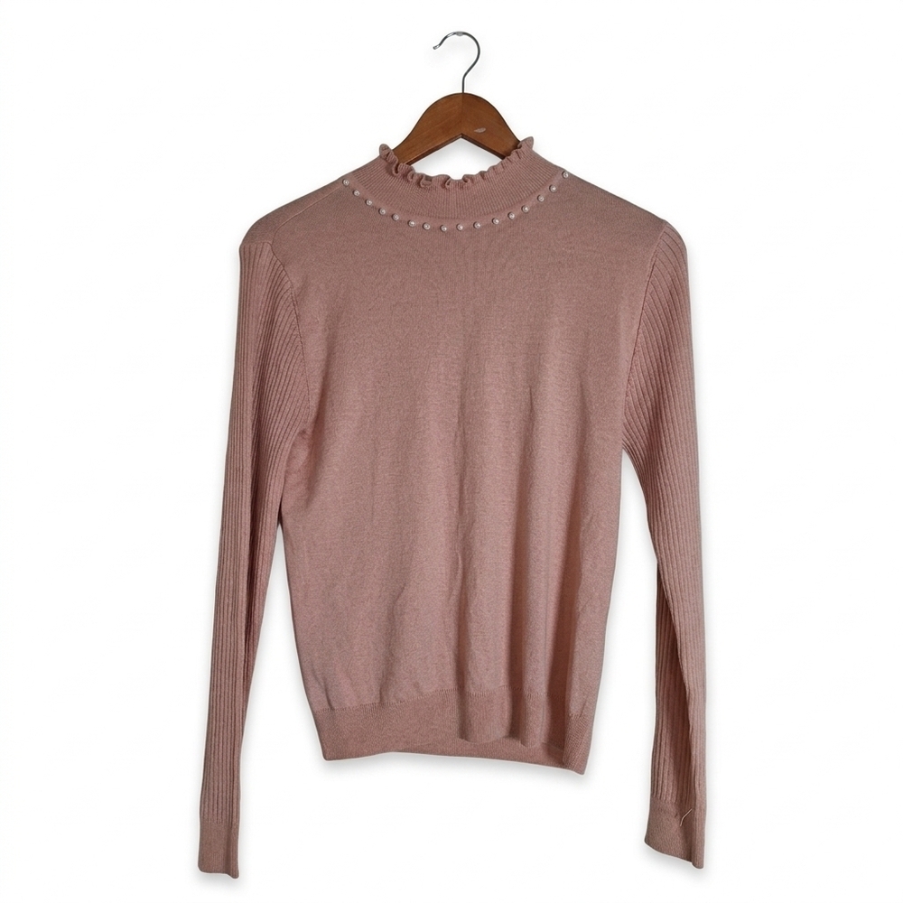NWT Mila Schon Italy Pink Ribbed Knit Sweater Pearl Trim Ruffle Mock Neck Size 8